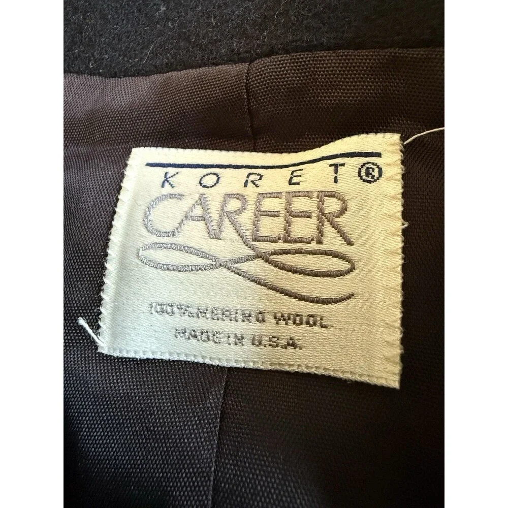 Vintage Koret Career Women’s Black 100% Wool 2 PC Skirt Suit Size 14 Made In USA
